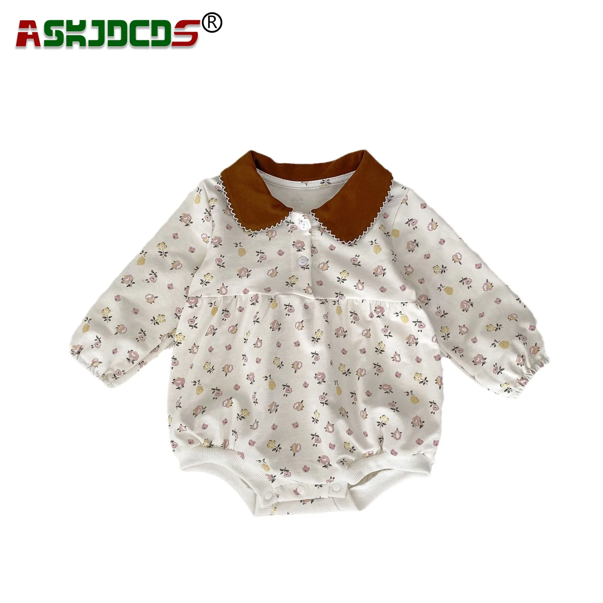 Stylish Floral Print Color-Block Bodysuits Peter Pan Collar for Baby Girls 2023 Autumn Collection Full Sleeves Newborn Overalls