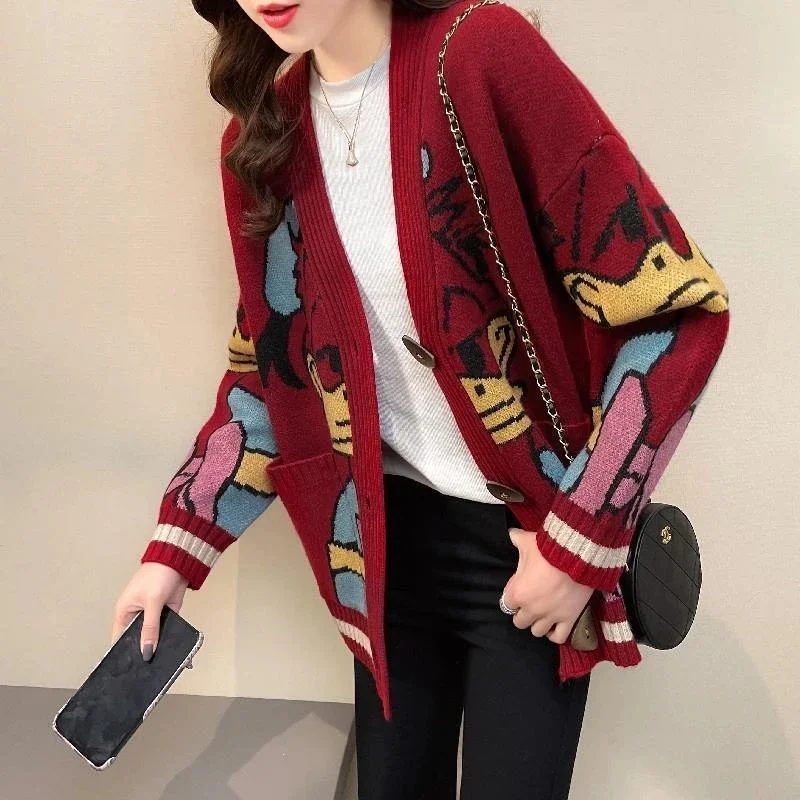 Disney cartoon Donald Duck jacquard knitted cardigan jacket sweater women new spring and autumn Korean version loose lazy style