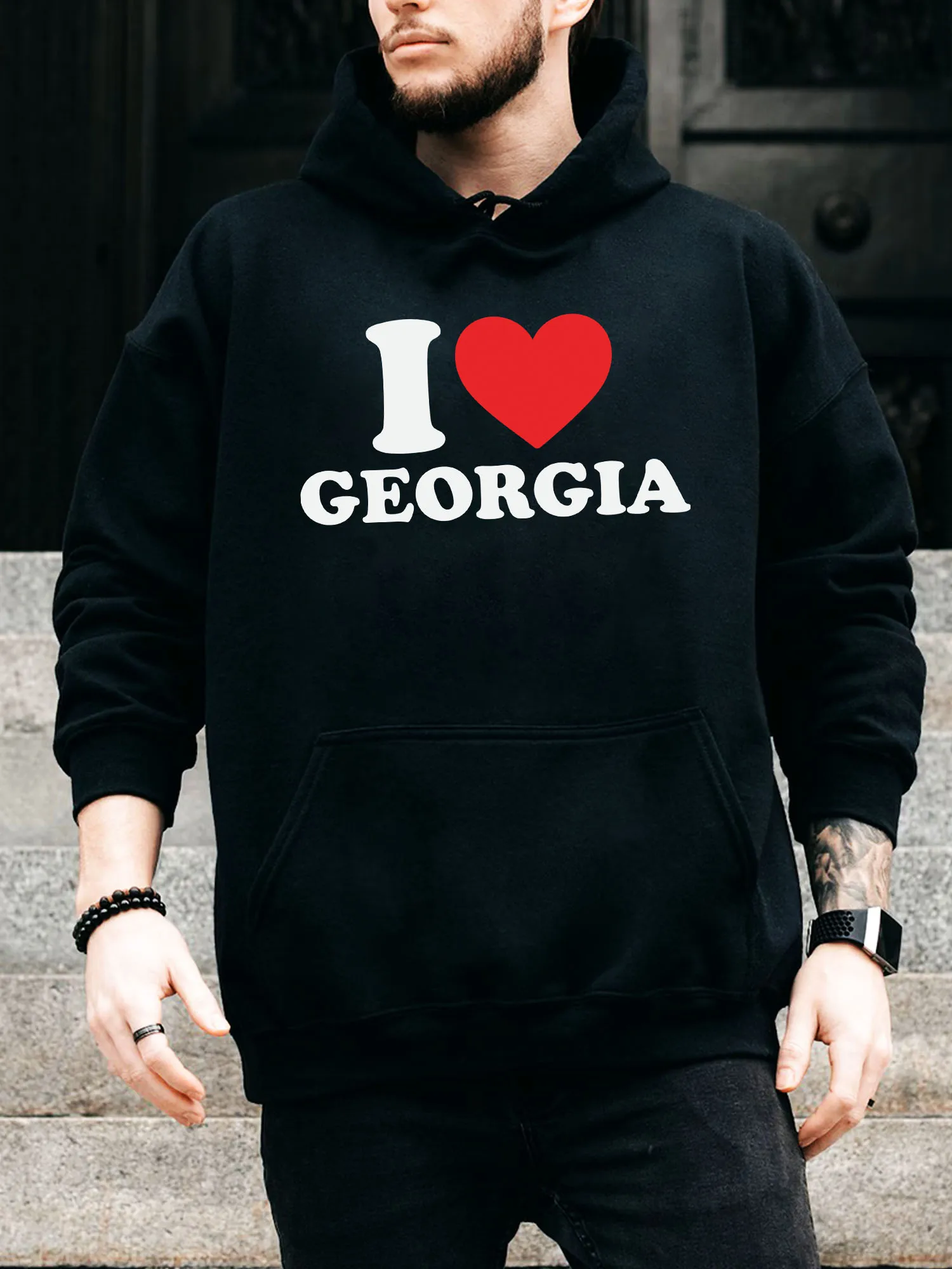 

Мужская толстовка на шнурке I Love Georgia — повседневный удобный черный пуловер, осенне-зимняя толстовка с капюшоном