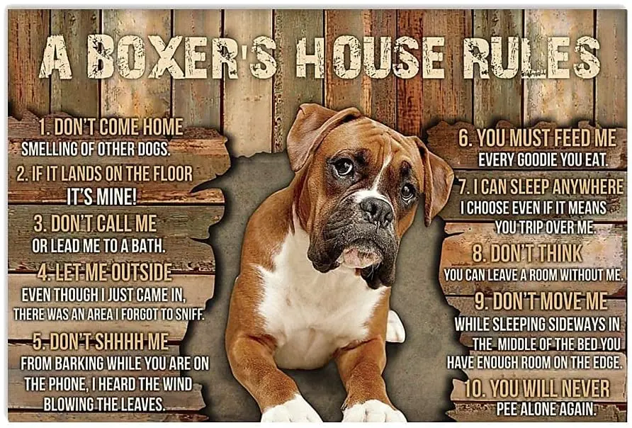 Metal Tin Signs A Boxer's House Rules Funny Boxer Dog Lover Horizontal Poster for Birthday Christmas Halloween Decoration
