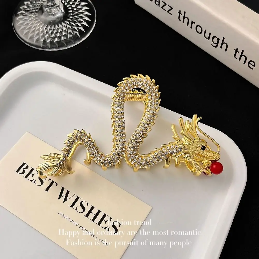 Fun Red Zodiac Dragon Hair Claw Cartoon Hairpin Animal Hair Clip Headdress Chinese Style Rhinestone Shark Clip Female