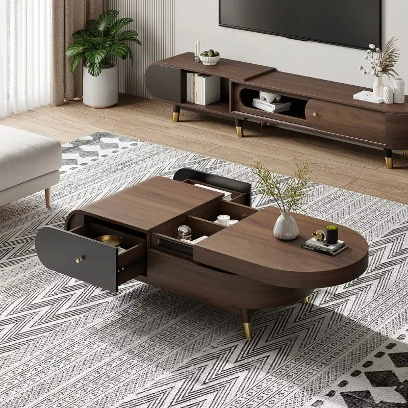 

Mid-century walnut coffee table, expandable oval coffee table, luxury coffee table with large hidden storage