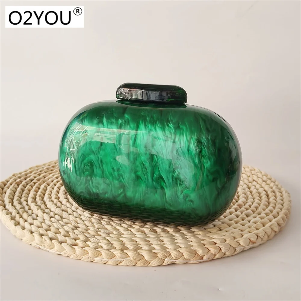 New Acrylic Box Women Wedding Stones Clutches Bags  Purse Handbag Oval Egg Mini Small Green Marble Female Bridal Clutch  Bags