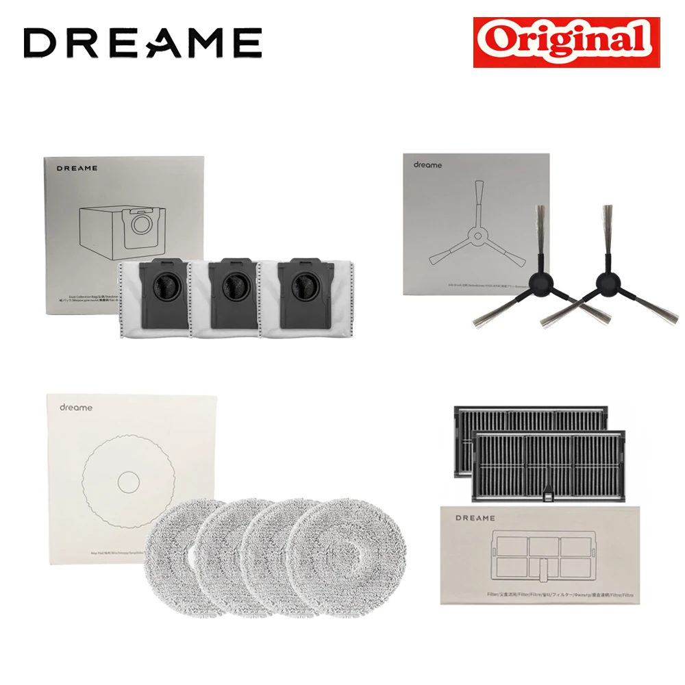 Originele Dreame L40 Ultra AE / L40s Ultra CE / D20 Ultra onderdelen voor stofzuigers: hoofdborstel, zijborstel, filter, dweilpad en stofzak.