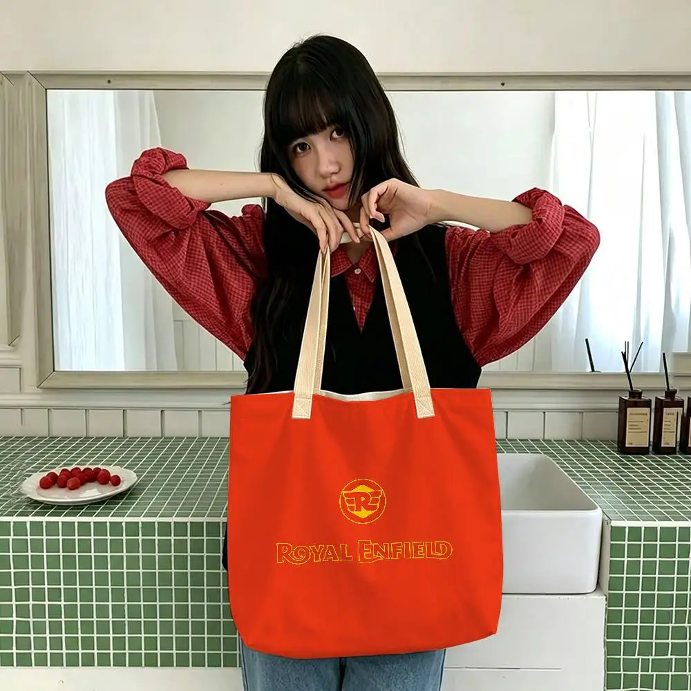 Moto Racing Royals Enfields Double‑Sided Tote Bag Linen Blend Cotton‑Polyester Material Reusable Shoulder Handbag Storage Bag