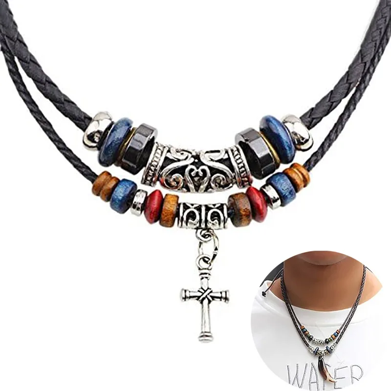 Vintage Style Double Layers Braided Leather Tribal Necklace Charm Cross and Teeth Pendant Men's Leather Necklace Boho Necklace