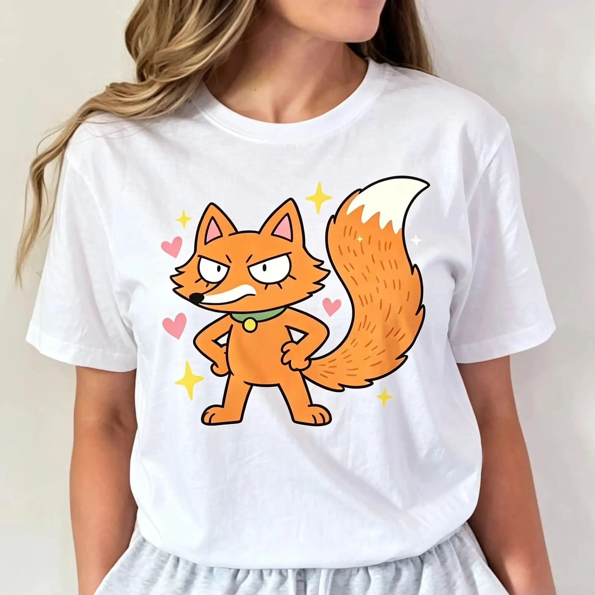 Women's Sassy Orange Fox Cartoon Graphic T-Shirt Cute Angry Fox Heart Spark Simple Line Art Casual Short Sleeve Tee