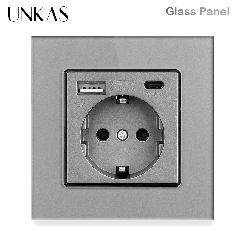 UNKAS 16A Type-C Port EU Standard Socket Black White USB Connector Plug Gray Outlet Grey Tempered Glass Panel Gold Power Russia