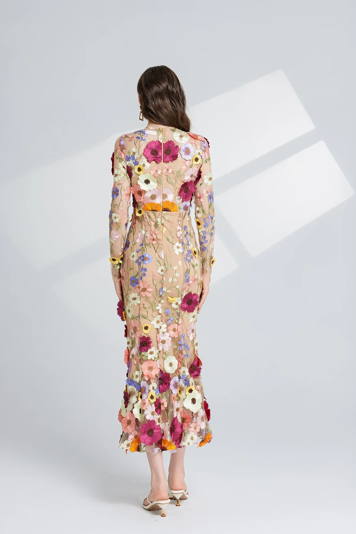 Light Luxury Heavy Industry Embroidery Three-dimensional Flower Waist Cinched Long Sleeve Dress Slim Fit Fishtail Woman 3D Skirt
