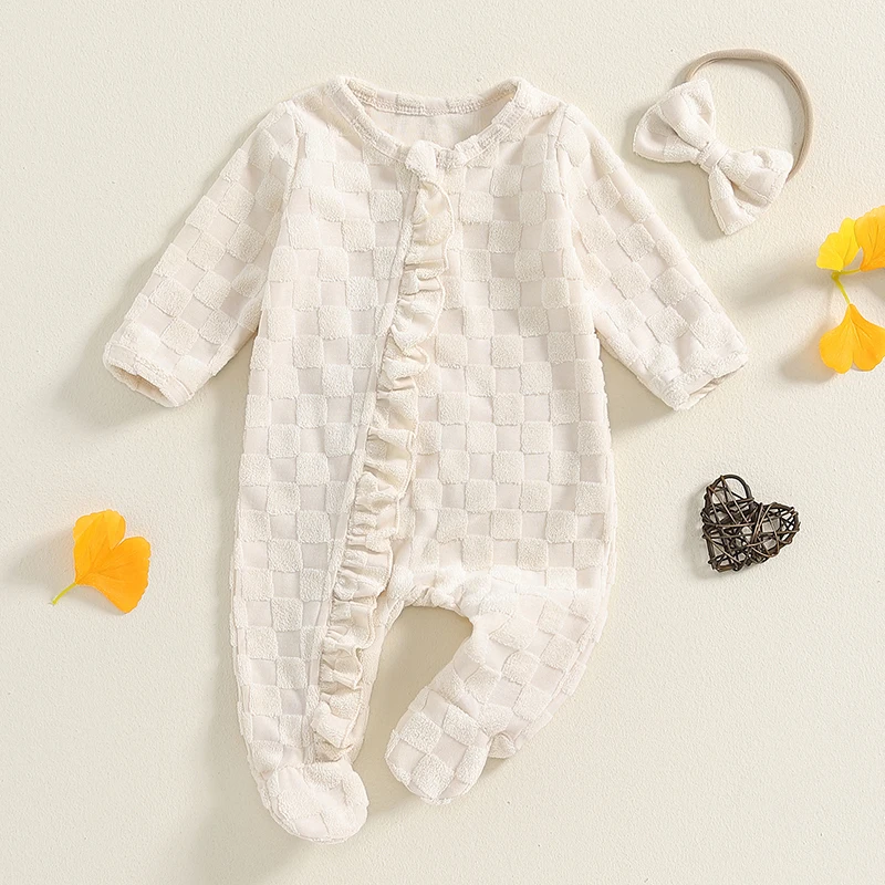 2024-06-13 Lioraitiin Newborn Girl Outfit, Frill Trim Long Sleeve Fleece Footed Jumpsuit Bow Headband 2Pce Set for Fall Winter