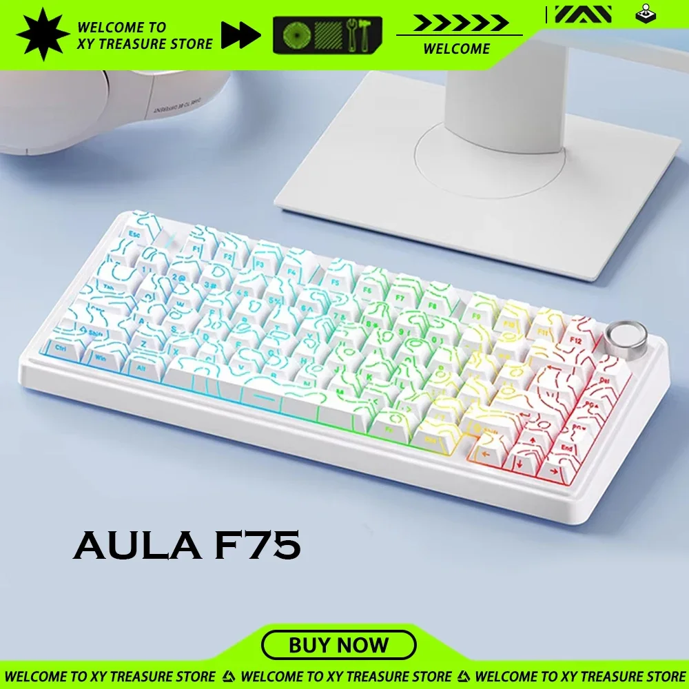 AULA F75 Black Contour Lines Mechanical Keyboards RGB Backlight  Hot Swap 2.4G Wireless Three-Mode Ergonomics Gaming Keyboard