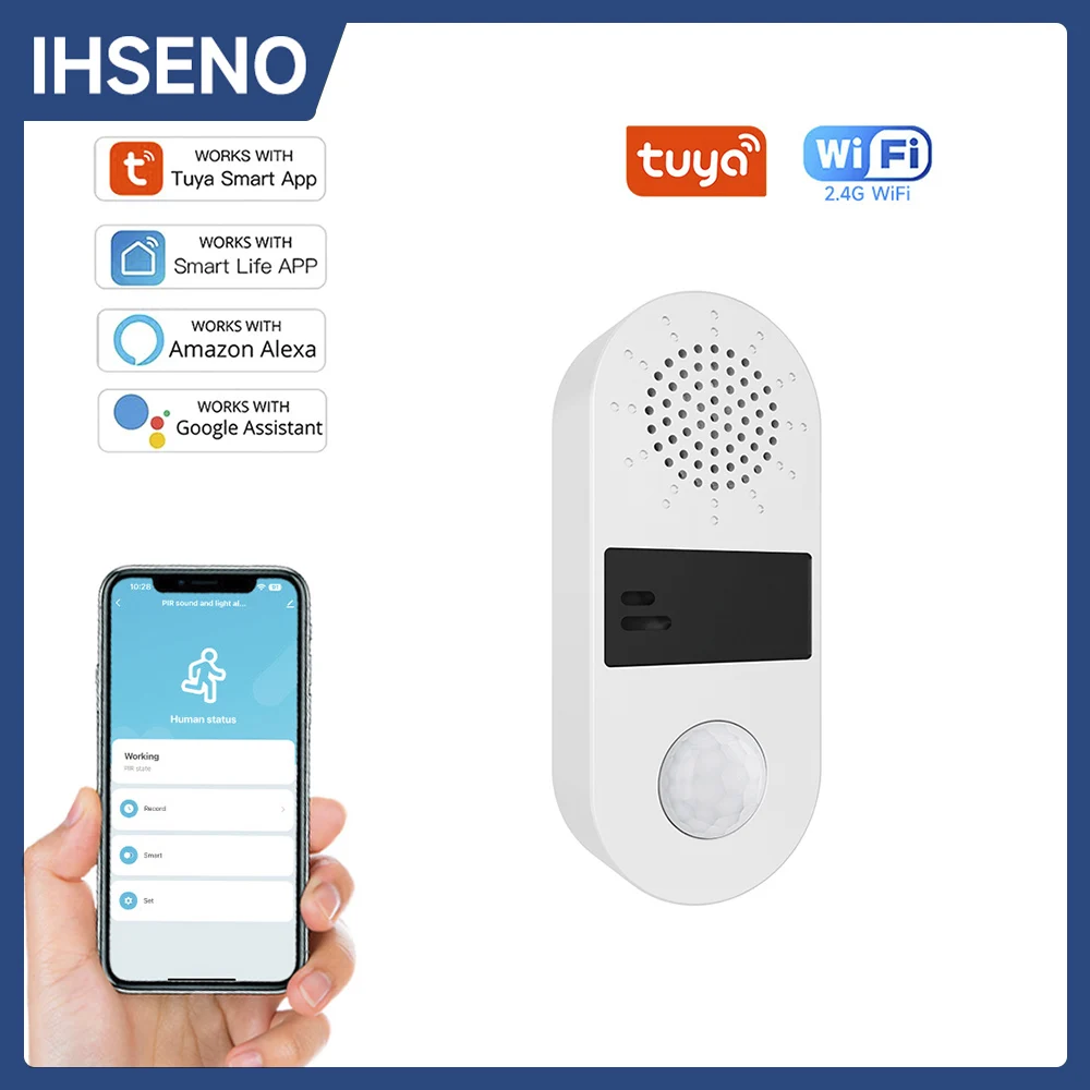 Tuya-Alarme de Som e Luz com Sensor de Movimento PIR, Detector Infravermelho Humano, Segurança Vida Inteligente, Funciona com Alexa e Google Home, WiFi, 130DB