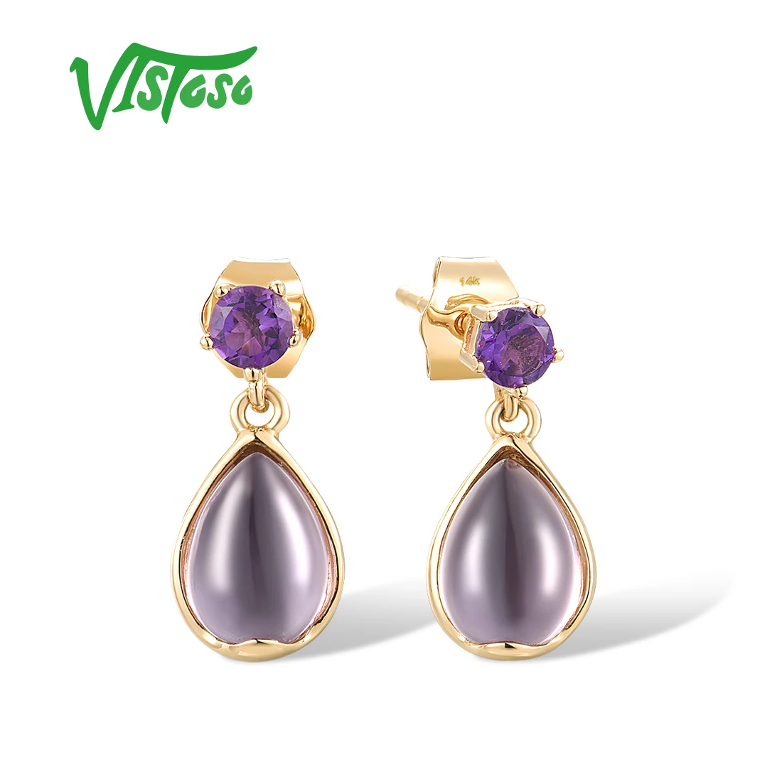 

VISTOSO Genuine 14K 585 Yellow Gold Dangling Earrings For Women Natural Amethyst Geometric Elegant Party Fashion Fine Jewelry