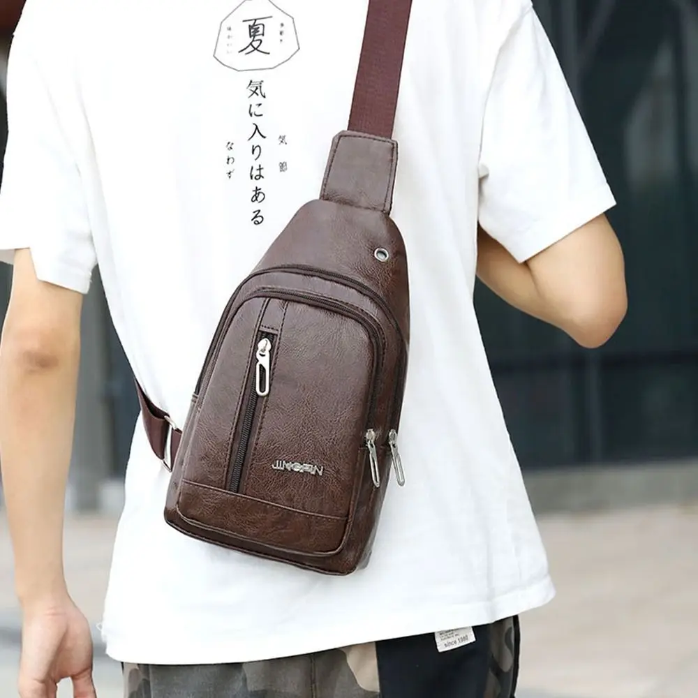 Solid Color Men\'s Sling Bag Fashion PU Leather Large Capacity Crossbody Bag with Earphones Hole Anti-theft Chest Bag