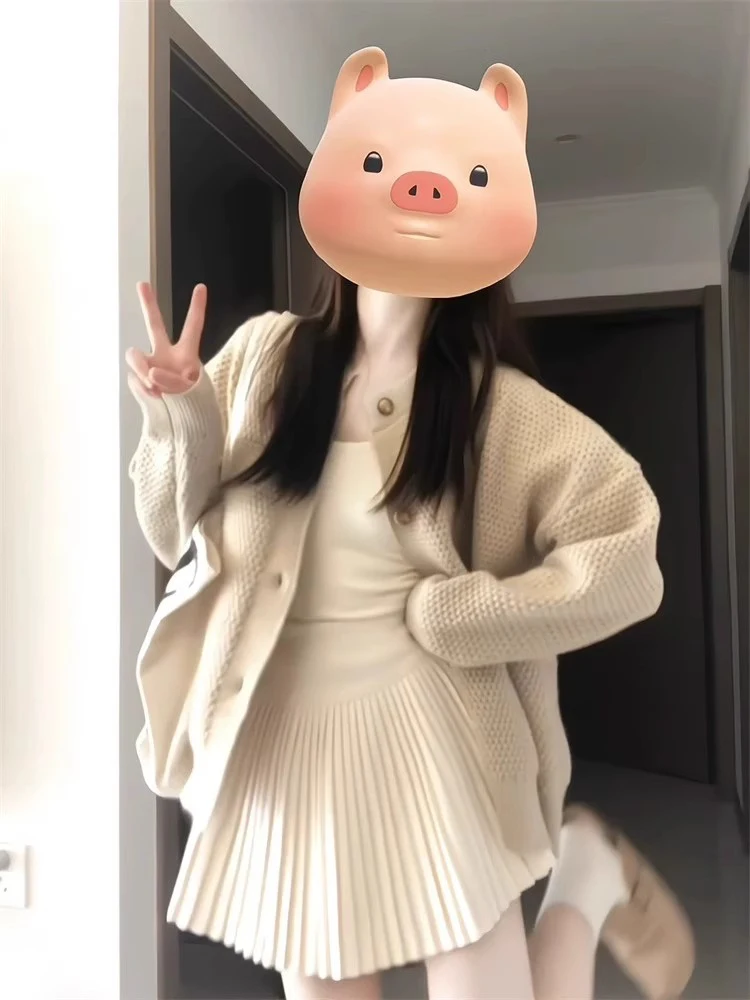 

Ladies' Knitted Open Cardigan Light Beige Single Button Autumn Outerwear Loose Fit Long Sve round Ne High End Feeling Top