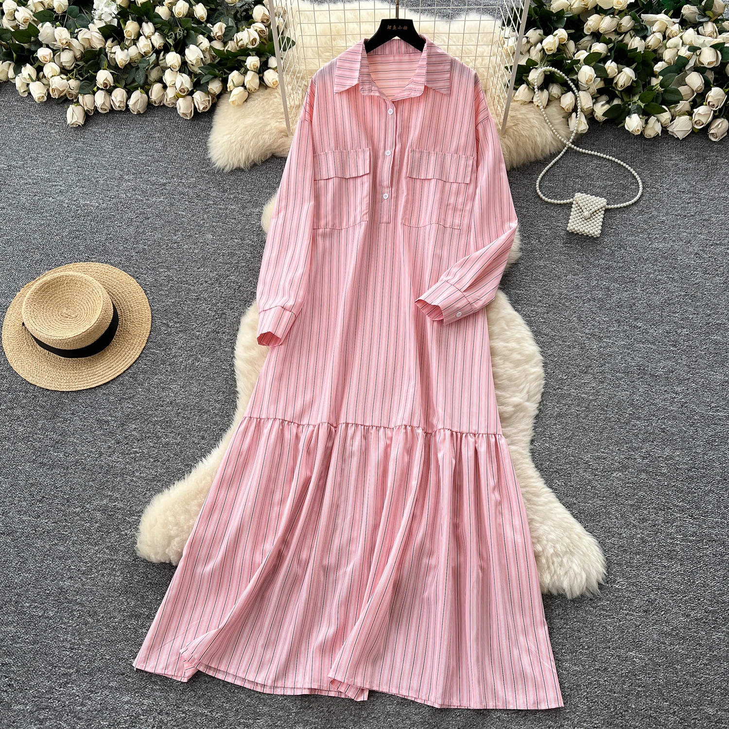 SuperAen Korean-style Simple Striped Polo Neck Long-sleeved Dress Loose Waist Elegant Single Breasted Elegant Fashion Dresses