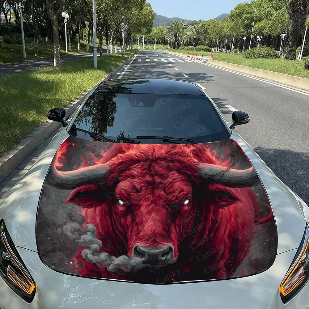 Car Hood Stickers-Flame Red Cattle Design, Durable PVC Vinyl Packaging, Enhanced Protection And Style, Easy To Apply And Disasse