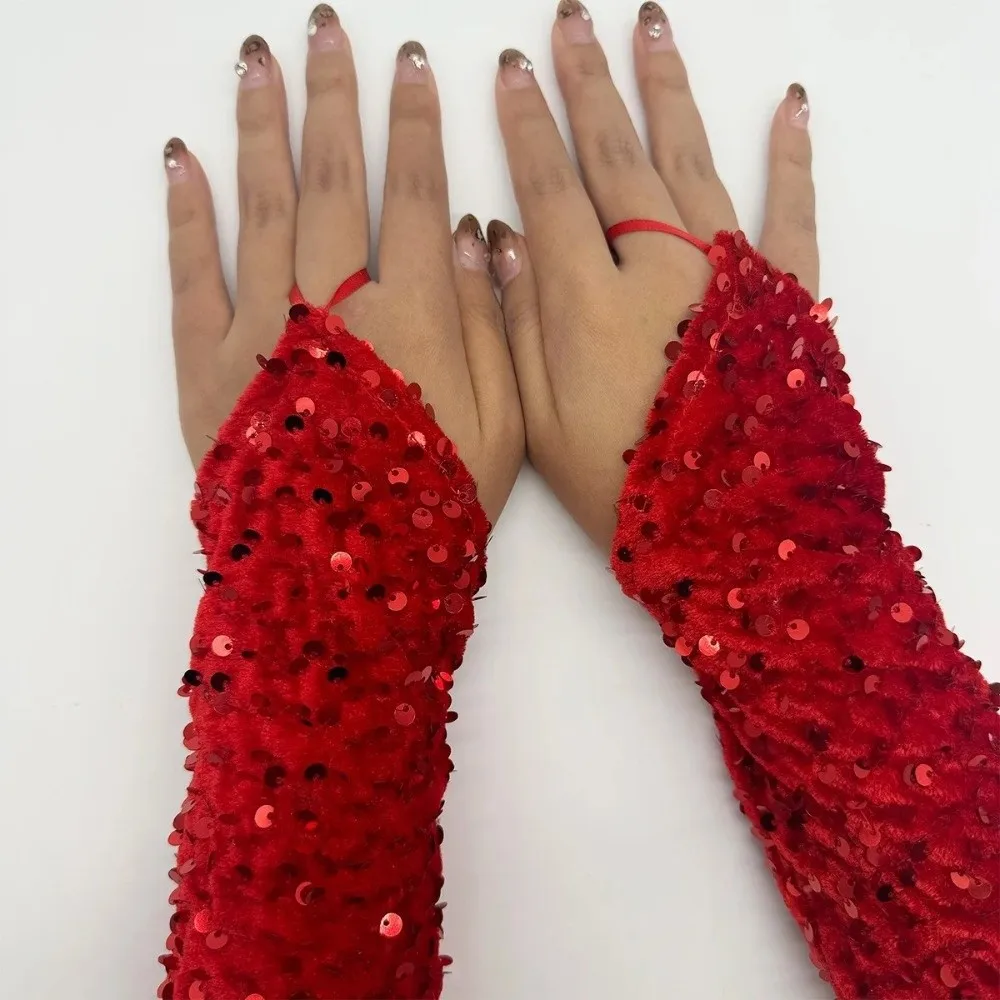 قفاز عيد الميلاد الأحمر مع الترتر اللامع لتزيين العطلة، قفاز إصبع مكشوف، خطاف غامض، قفاز أداء الملابس