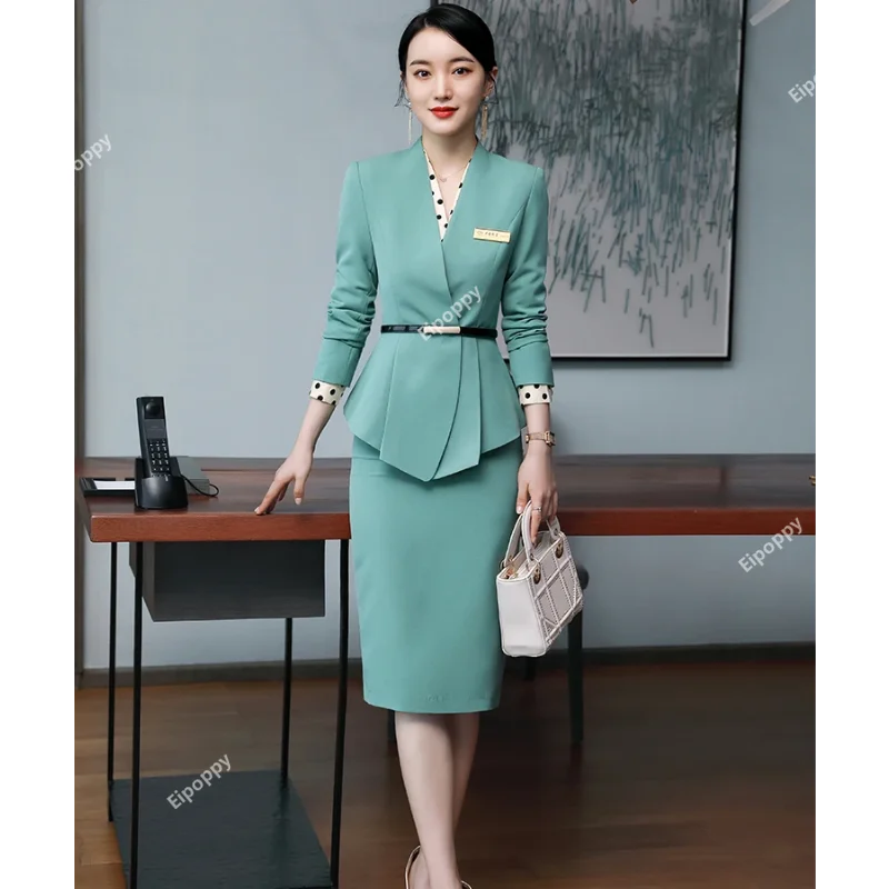 

2024 New Women Formal 2 Piece Set Green Black Apricot Elegant Ladies Blazer and Skirt Suit High Quality Slim Business