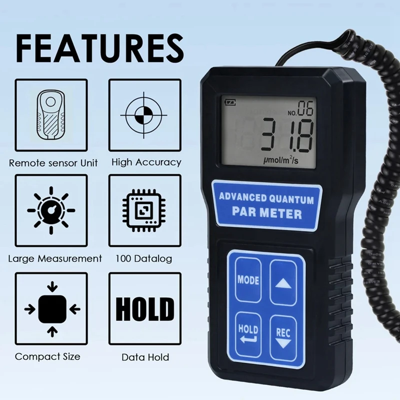 PAR Meter Light Tester PPFD Photosynthesis Quantum Meter 400-700Nm Wavelength W/ Sensor Mode LCD Light Meter