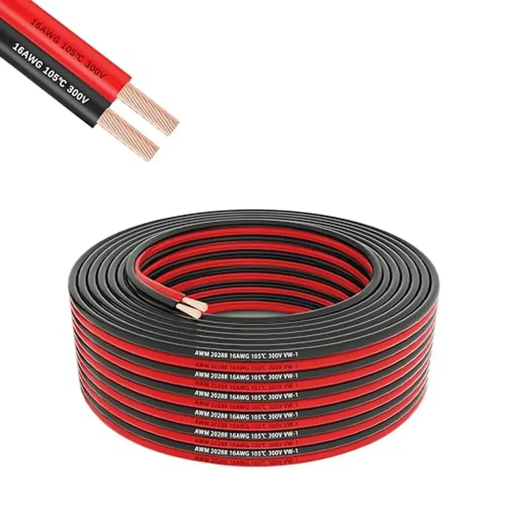 Flexible Parallel Electrical Wire 16 Gauge 2 Conductor 100ft Red Black Low Voltage Cord AWG Stranded Oxygen Free PVC Flame