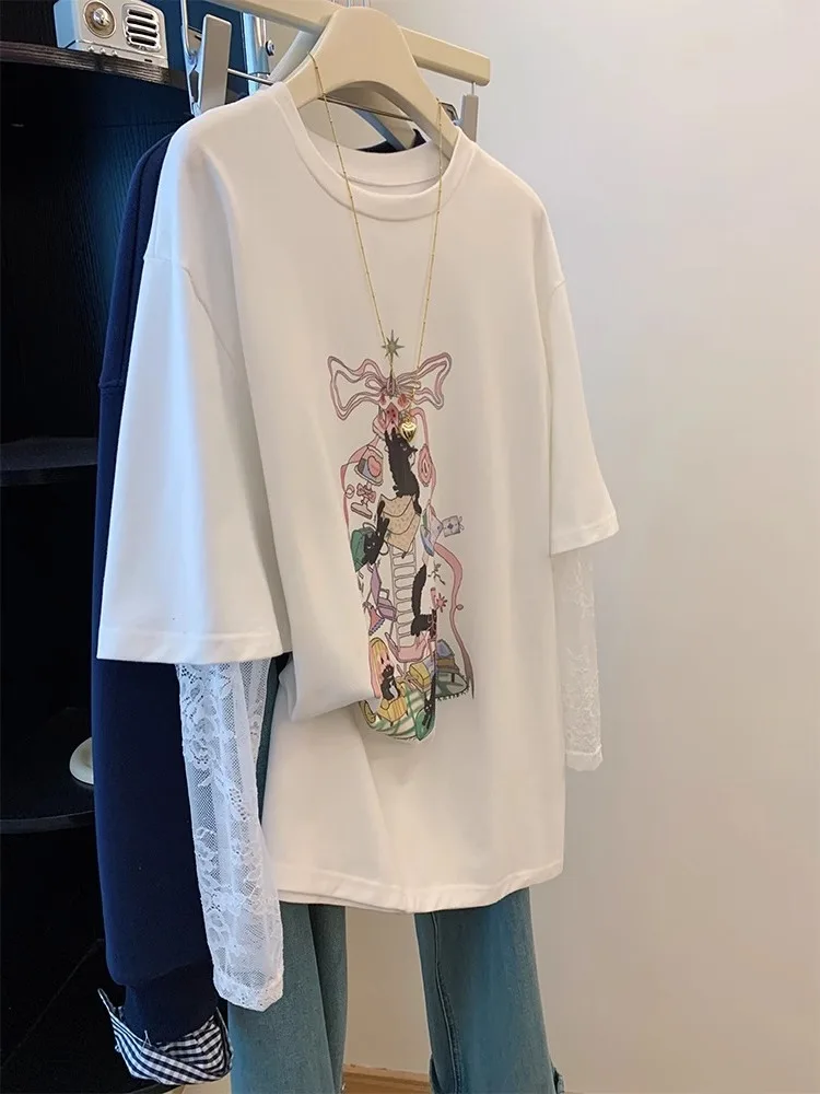 T-shirt d'été décontracté pour homme, style japonais, motif dessin animé, dentelle, protection solaire, coupe ample, col rond, imprimé, décontracté, créatif...