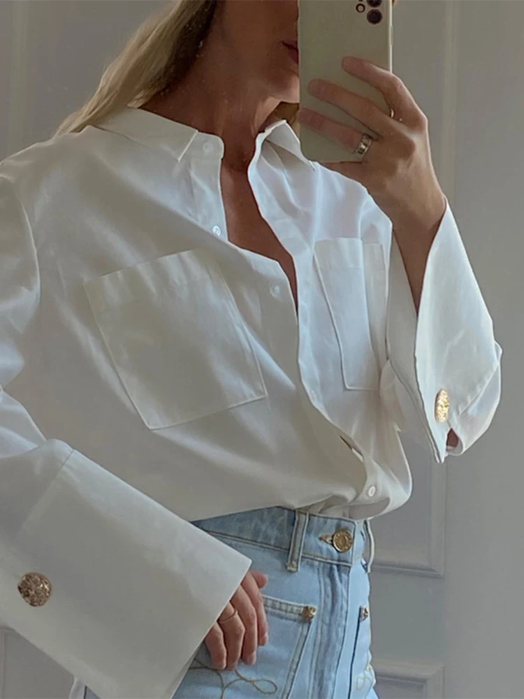 Spring Autumn 2024 Design Dual Pockets White Shirt Women Blouse Solid Turn-down Collar Long Sleeve Long Shirt Top Vintage 48906