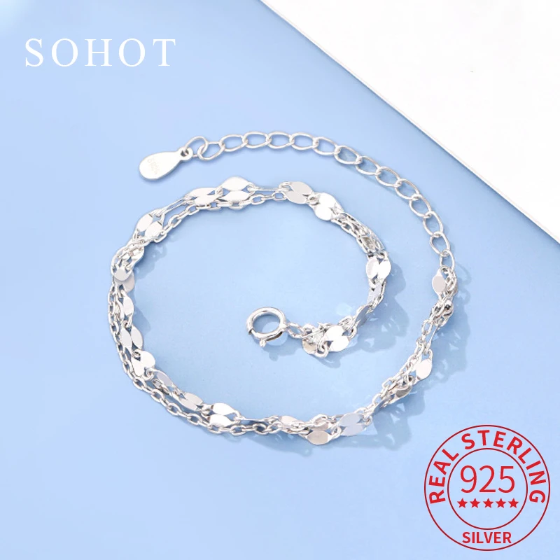 

Real 925 Sterling Silver Minimalist Double Chain Ajustable Charm Bracelet for Women Trendy Exquisite Fine Jewelry Accessories