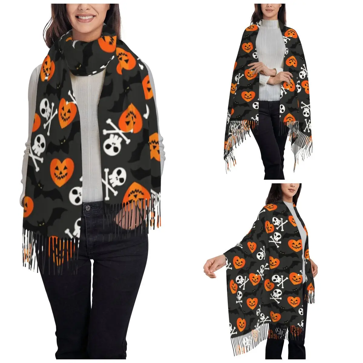 Halloween Symbol Shawls Wraps for Womens Warm Single-sided Pattern Scarf Neckerchief Tassel Scarves