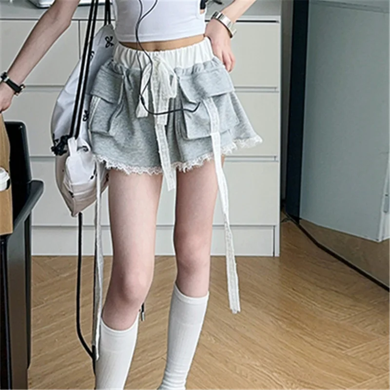 

Girl Casual Street Mini Pants Child Trendy Summer Streetwear Kids Fashion Design Lace Tape Cargo Shorts With Pocket For Tweens