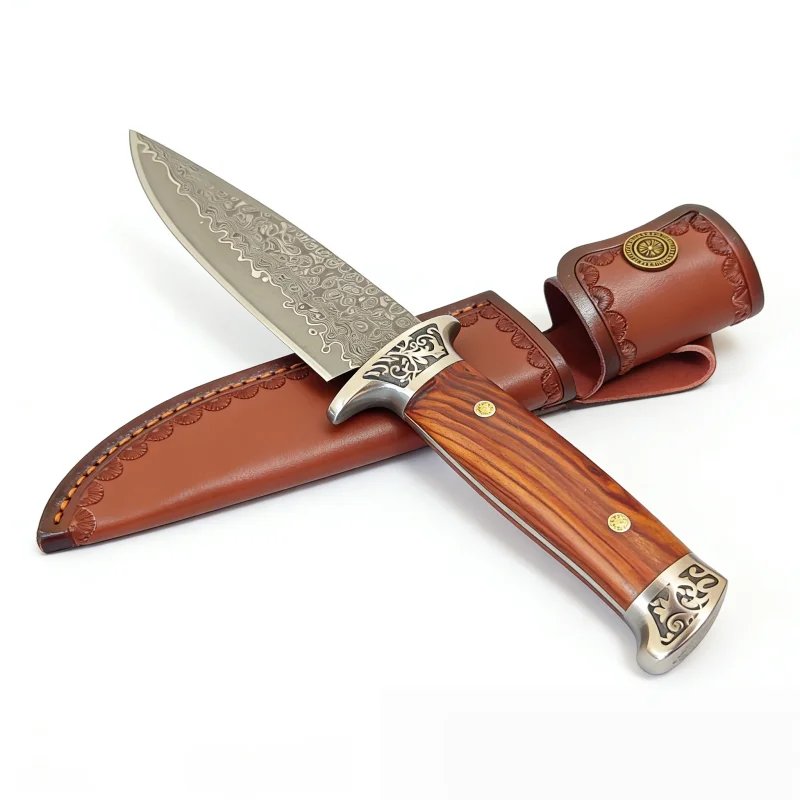 

Нож с фиксированным клинком из дамасской стали с рукоятью из палисандра, кованый вручную, с премиальным чехлом для кемпинга, охоты и активного отдыха на природе