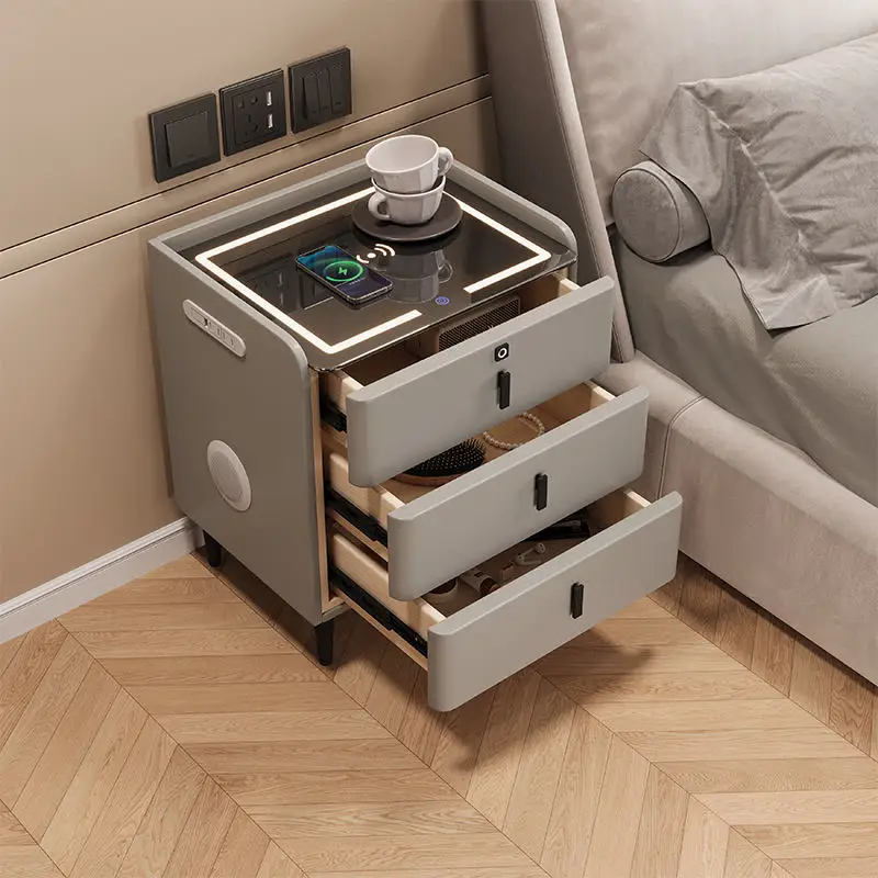 طاولة السرير الذكية اللاسلكية متعددة الوظائف شحن سمّاعات بلوتوث قفل بصمة الإصبع طاولة السرير الخشبية الصلبة