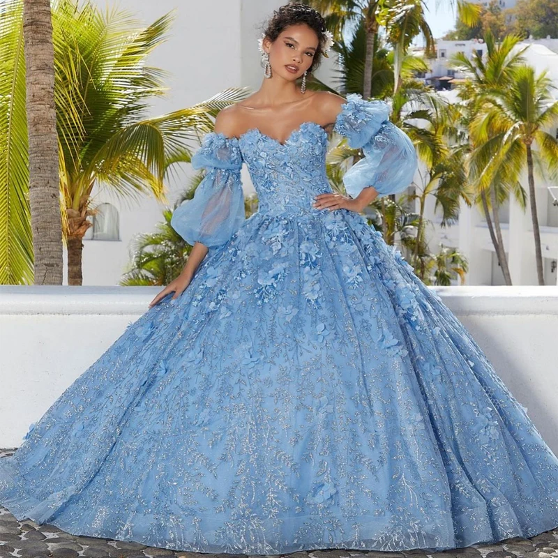 Blue Quinceanera Dresses 2023 Sweetheart Backless 3D Flower Lace Applique Long Puff Sleeve Sweet 15 16 Birthday Ball Gown