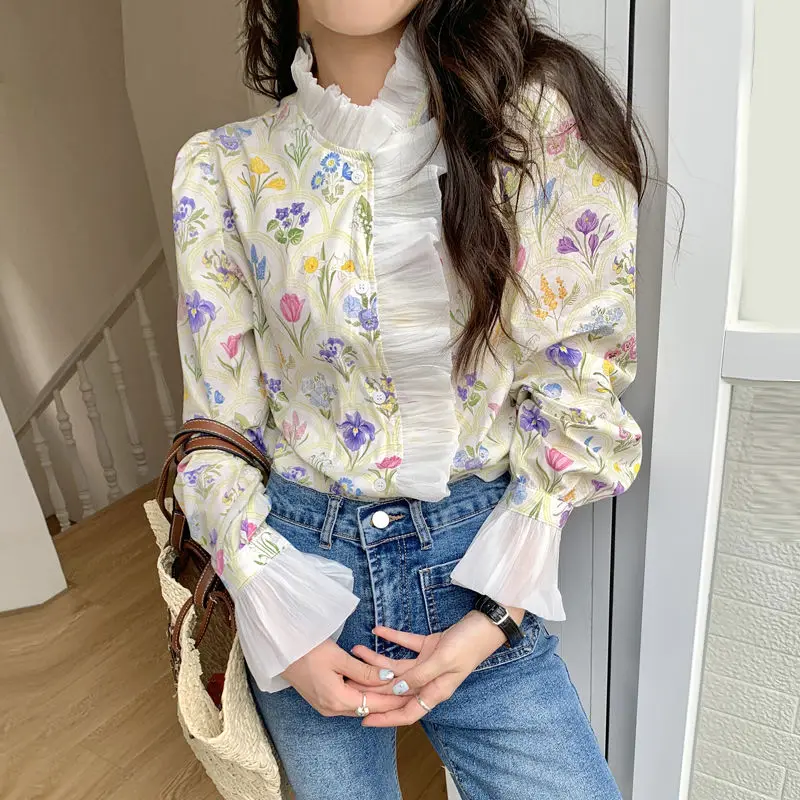 

Korean Printed Shirt Tops Fall New Long-Sleeved Versatile Ruffled Patchwork Floral Tops Elegant Women Clothing