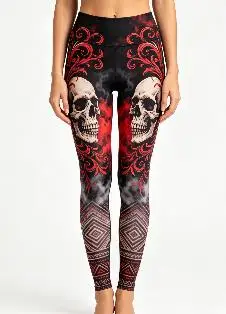 Women Mid‑Rise Fleece Lined Leggings, Halloween Red Flame Skull Retro Scroll Tribal Geometric Print Slim Stretch Pants