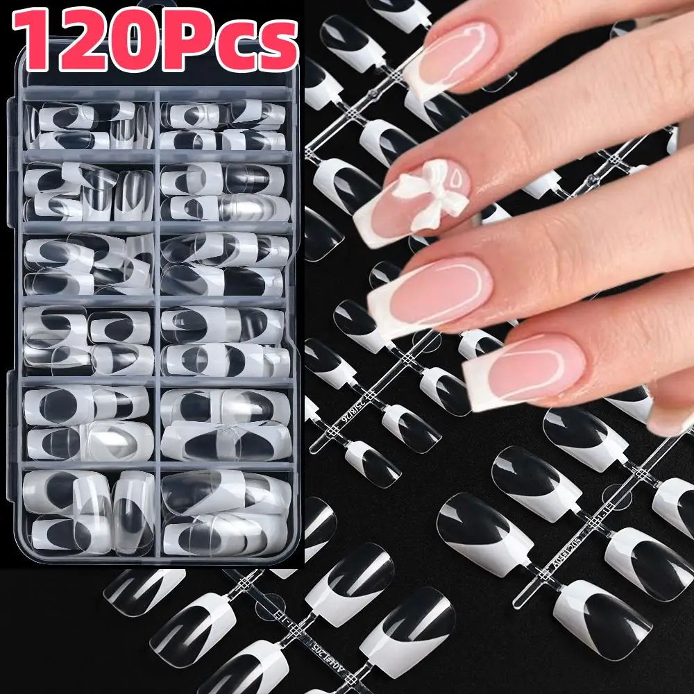 120個/箱 アクリル製クリアフレンチフェイクネイル 12サイズ ショートバレエプレスオンネイル ホワイトエッジデザイン フルカバー付け爪 TD