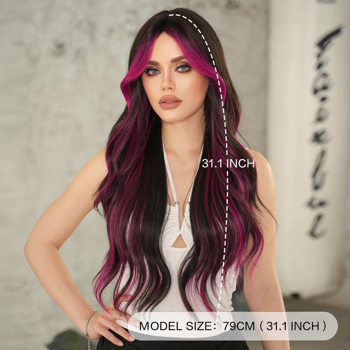 PARK YUN Long Wave Deep Purple Highlight Black Wigs for Women Daily Party Use High Density Fluffy Layered Synthetic Hair Wig