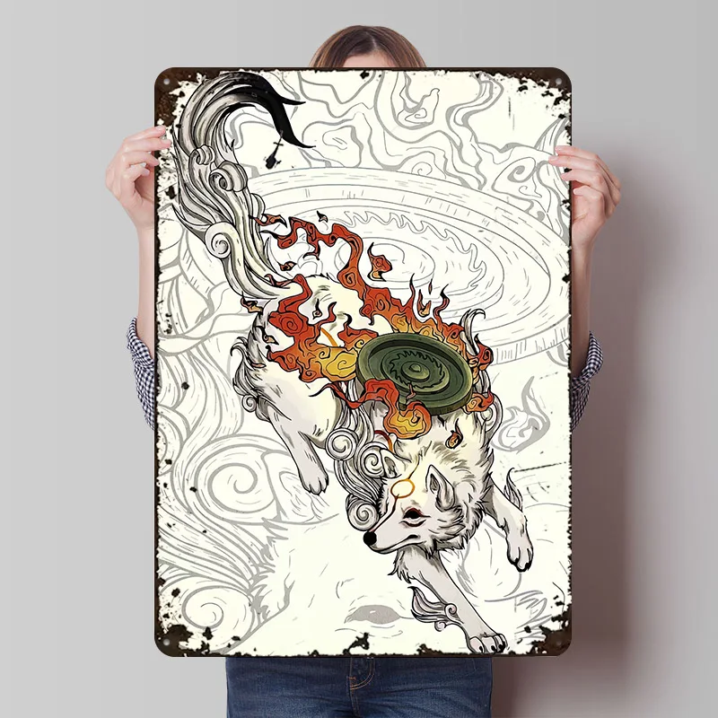 Okami Amaterasu Digital Art Poster Customized Vintage Metal Signs Wall Art Retro Tin Plaque for Bedroom Decoration Gaming House