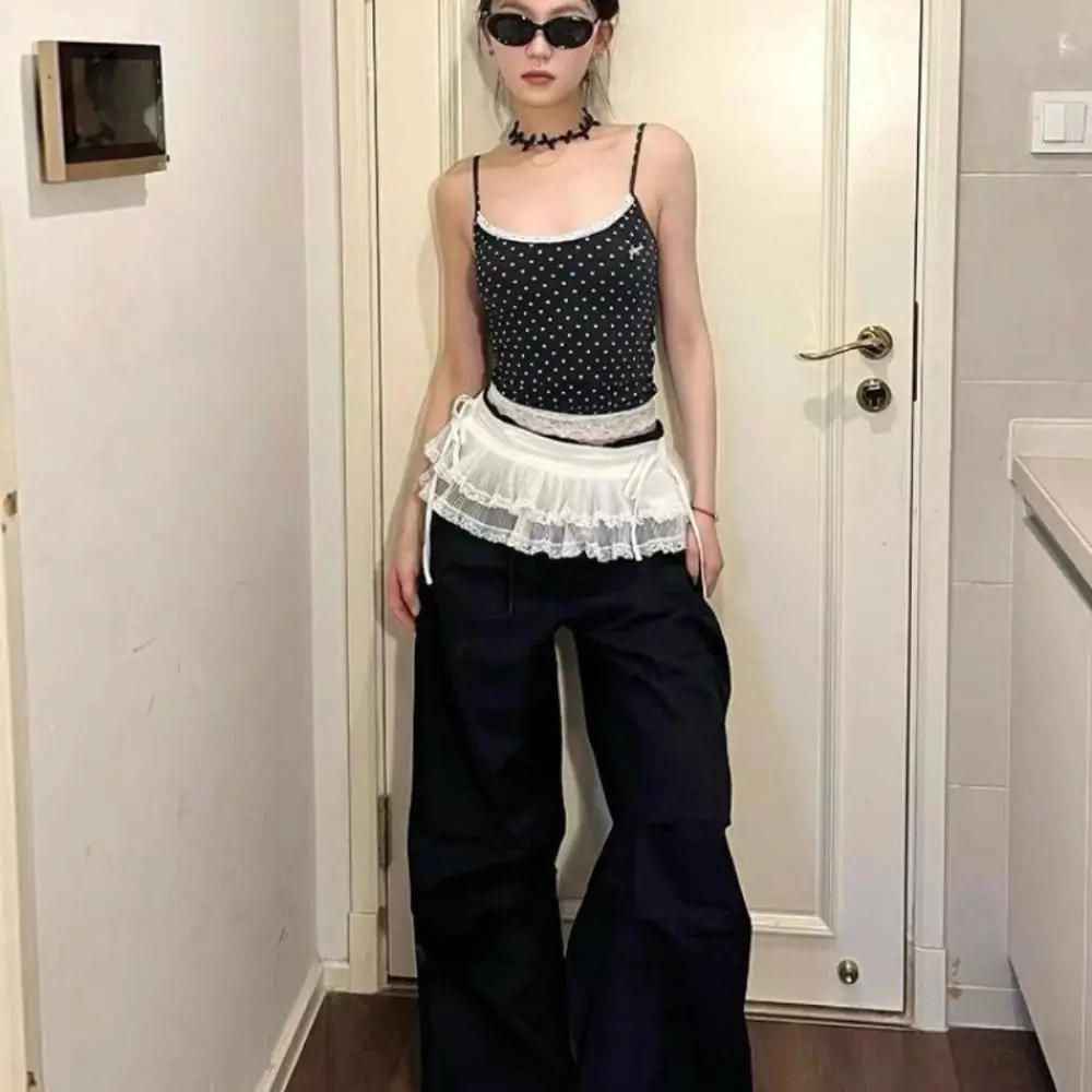 

New Embroidered Flower Lace Mini Skirt Y2K Streetwear See Through Ruched Skirts Harajuku Lace Up Ruffles Skirt Jeans Decoration