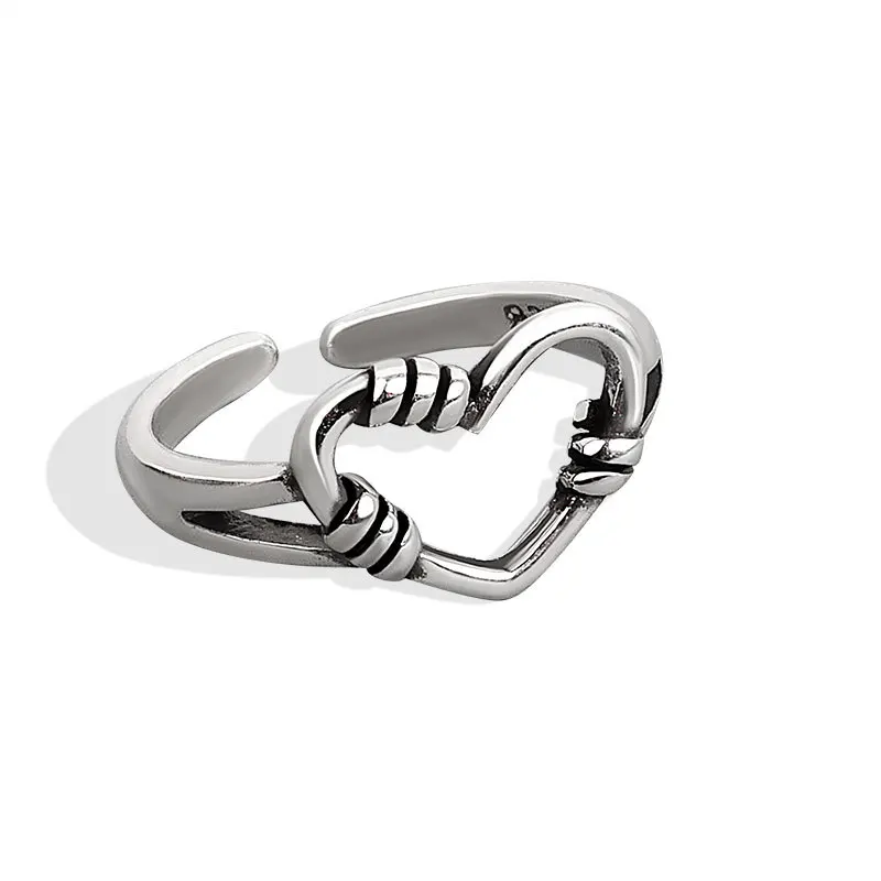925 Sterling Silver Vintage Punk Stamp LOVE Heart Open Ring Fine Jewelry for Women Couples Trendy Elegant Party Accessories Gift
