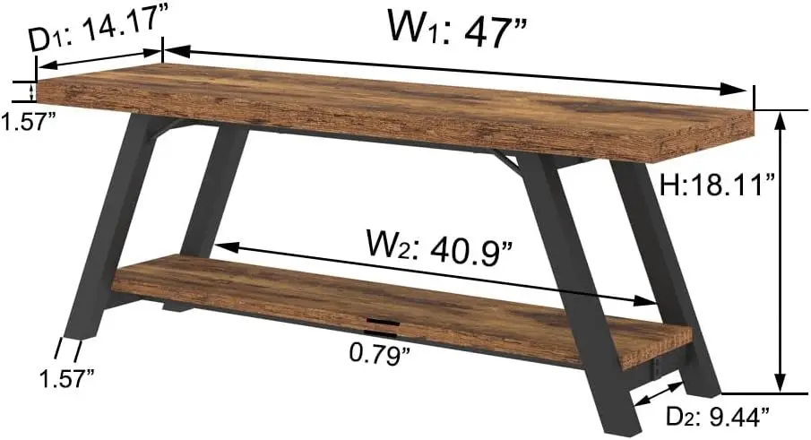 Wood Bench with Shoe Storage, Industrial Entryway Bench for Hallway Living Room, Rustic Farmhouse Metal Seat, 47 in, Brown