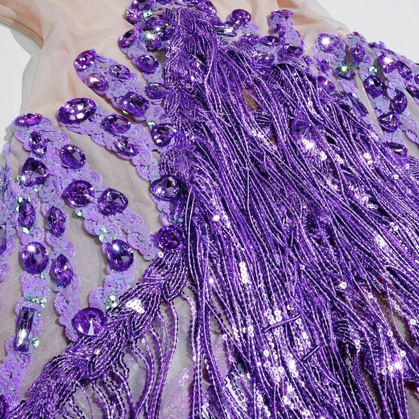 Sparkle Lila Strass Mesh Quasten Trikot Drag Queen Body Bühne Sängerin Leistung Femme Sexy Gogo Kostüm Nachtclub