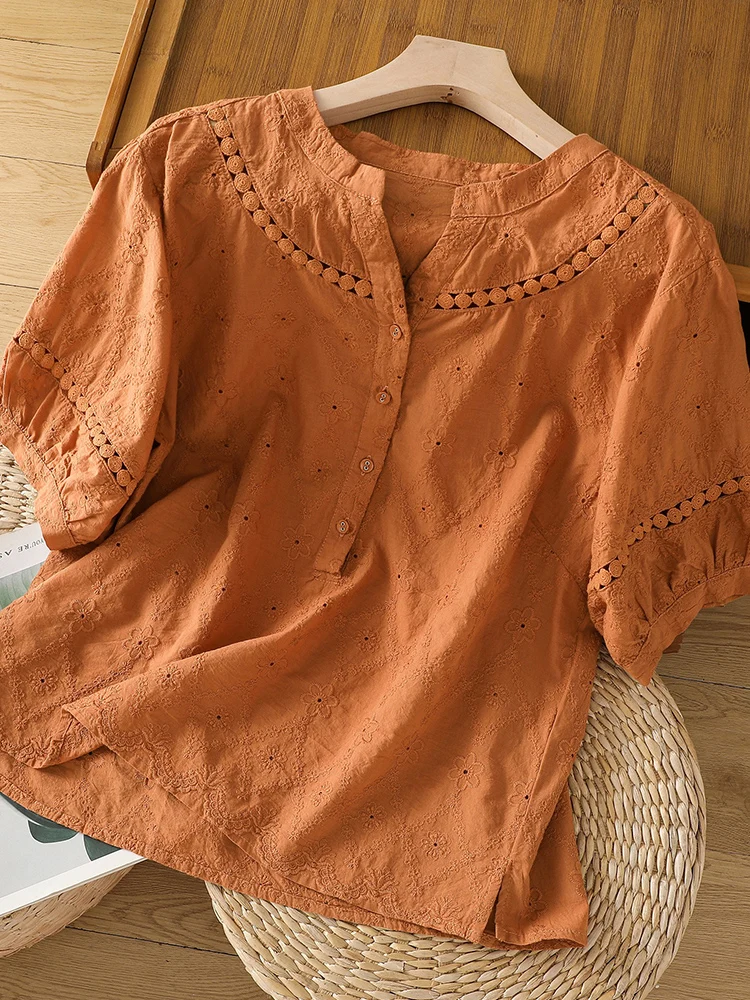 レトロ刺繍入り中空オルトスヴェイルト女性用夏用軽量ルーズスリムVネック小さめトップ通勤用スレピュアカラー