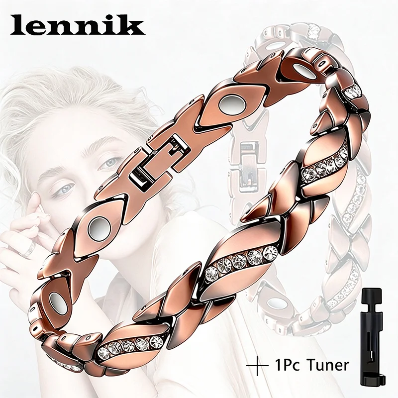 LENNIK Unisex Antique Copper Magnetic Bracelet Rhinestone Joint Pain Relief Adjustable Therapy Bangle with Link Removal Tool