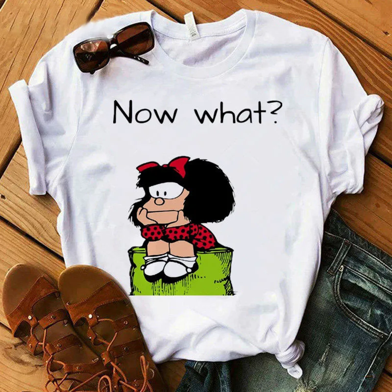 Mafalda Tee Summer Mafalda Retro White Cartoon Harajuku Ladies Tops Summer T-shirt Plus Size Loose Cotton Men and Women Tops