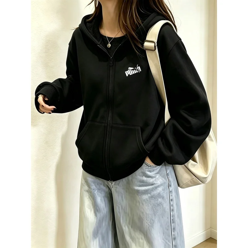 Big Girls Full Zip Hoodie, Left Chest Logo Print, Long Sleeve Pocket Loose Sweatshirt, Spring Autumn Kids Top