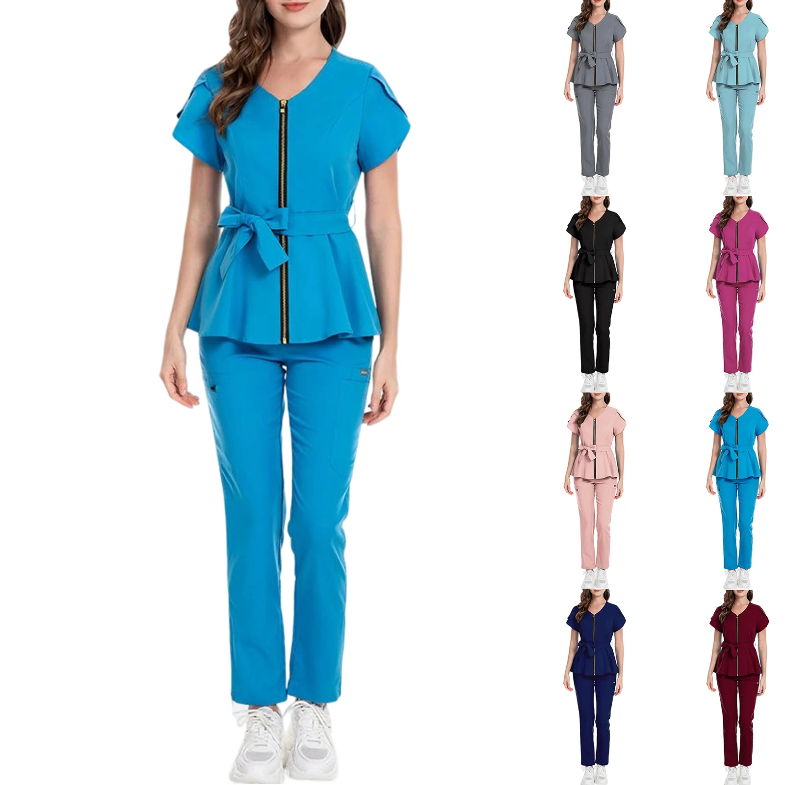 Women's Nurse Scrub Set V-Neck Short Sleeve Zipper Belted Multi-Color Long Pants Medical Uniform Healthcare Workwear