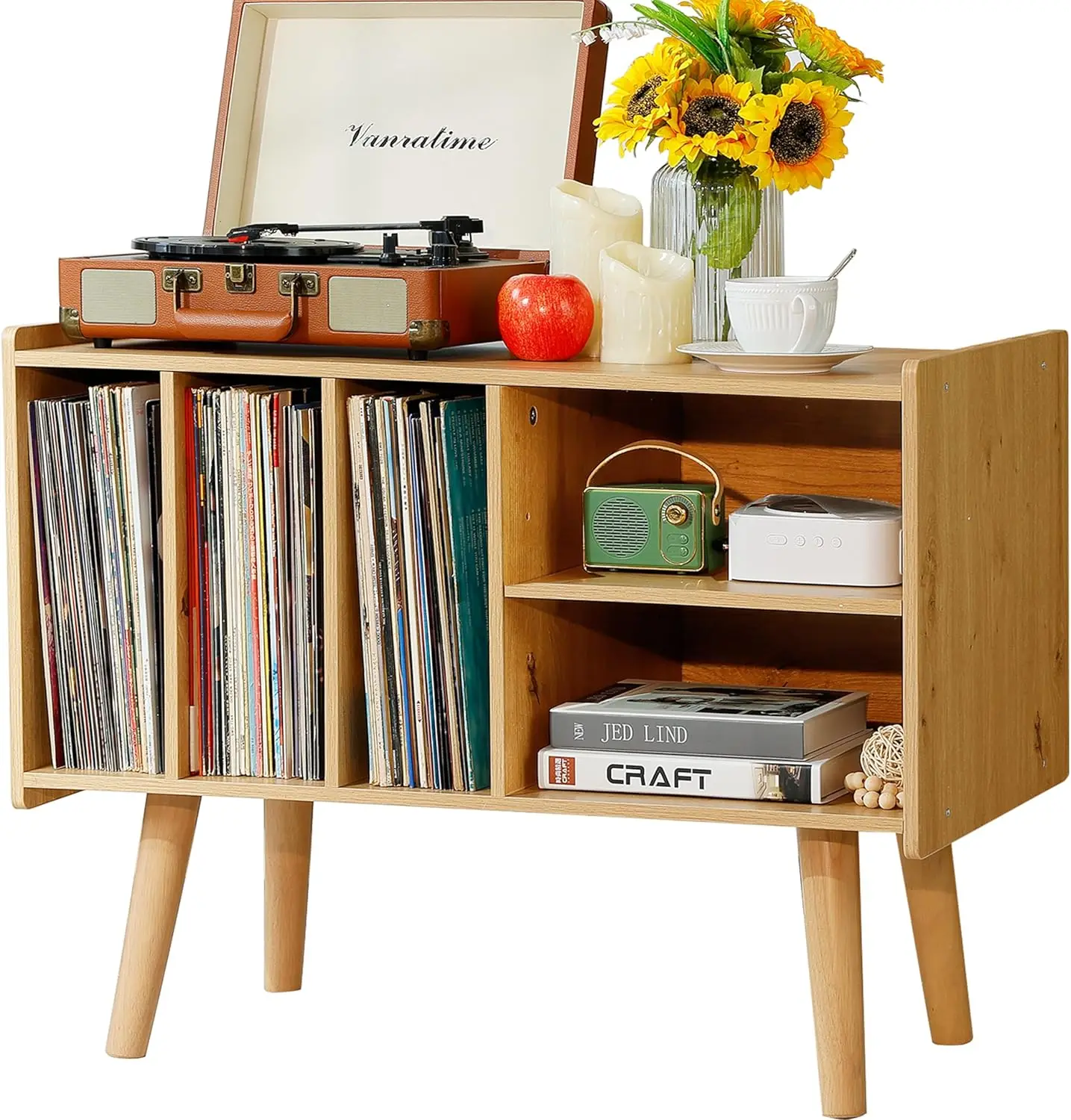 

Record Player Stand with Vinyl Storage Holds Up to 300lb, Wood Turntable Table for Album Storage and Display Shelf, Mid-Century