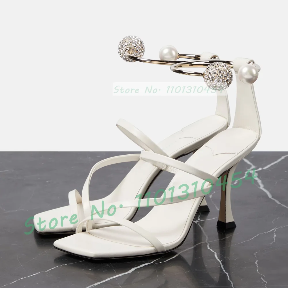 White Cow Leather Strap Sandals Women Luxury Square Toe Metal Ring Crystal Ball Decor Shoes Female Elegant Casual Dress Sandals