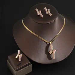 High quality Geometric zircon micropaved Pendant necklace earrings ring3 pcs set for Women party wedding sparkle Jewelry